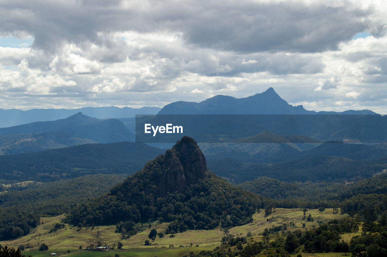 Scenic view of mountains against cloudy sky