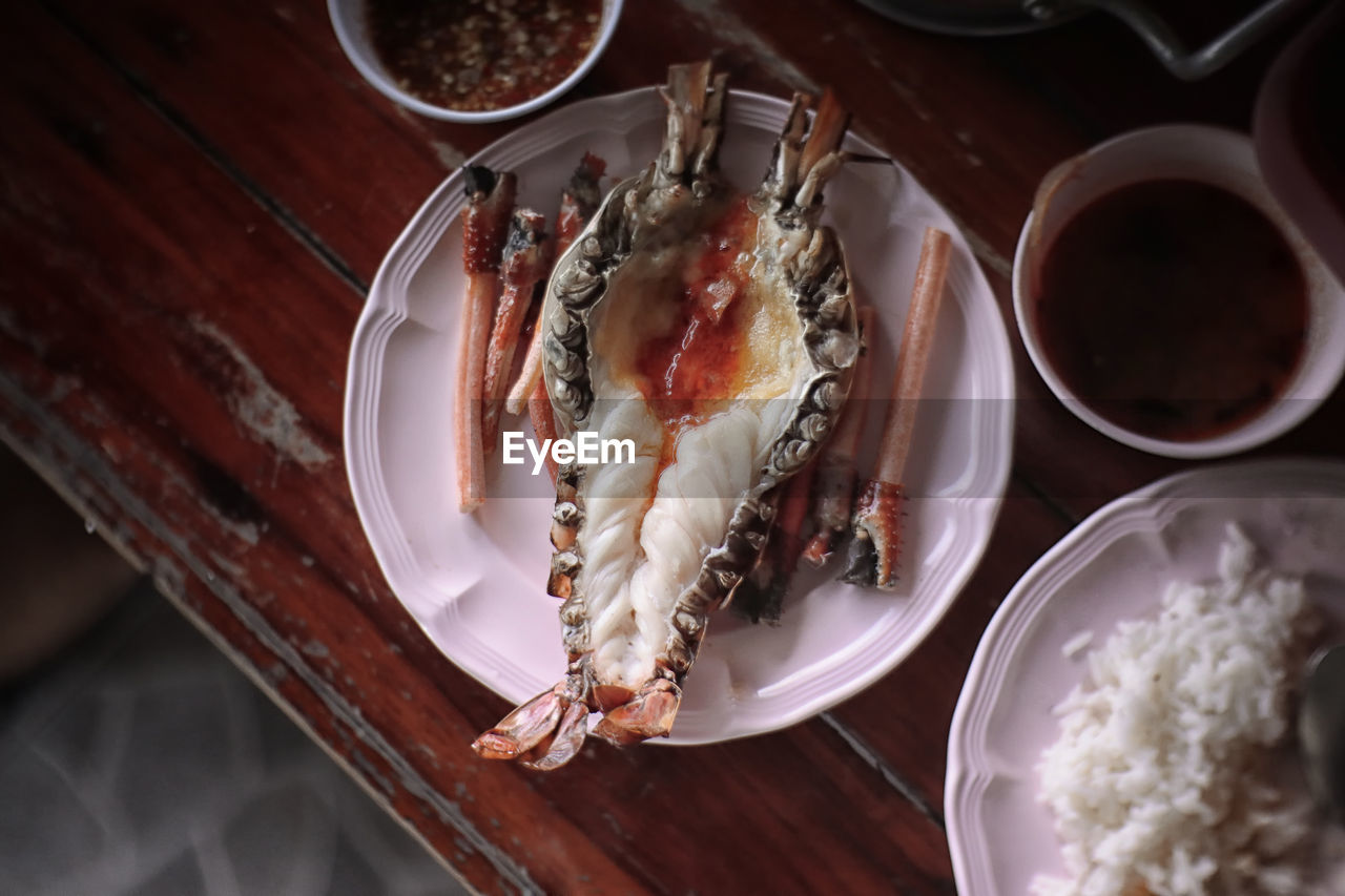 High angle view of meal served on table