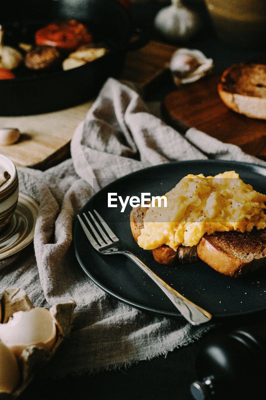 High angle view of breakfast on table