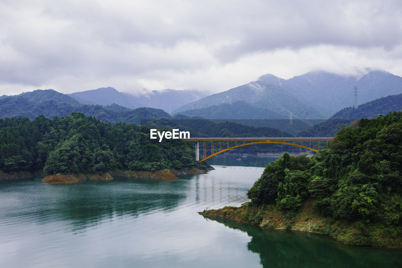 Bridge over river against mountain