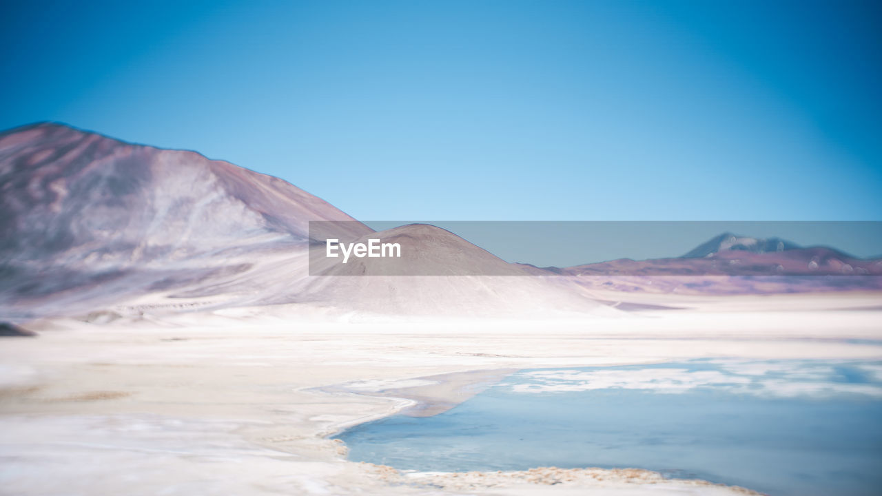 Scenic view of snowcapped mountains against clear blue sky