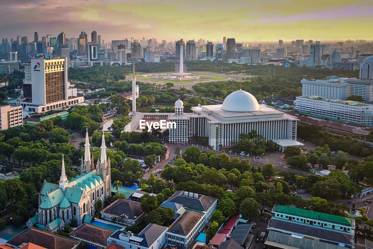 High angle view of buildings in city