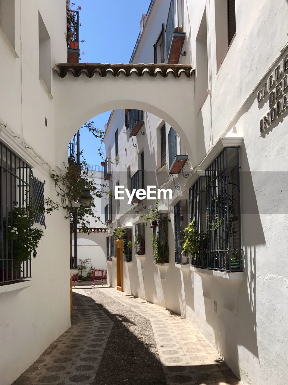 Walkway amidst buildings against sky