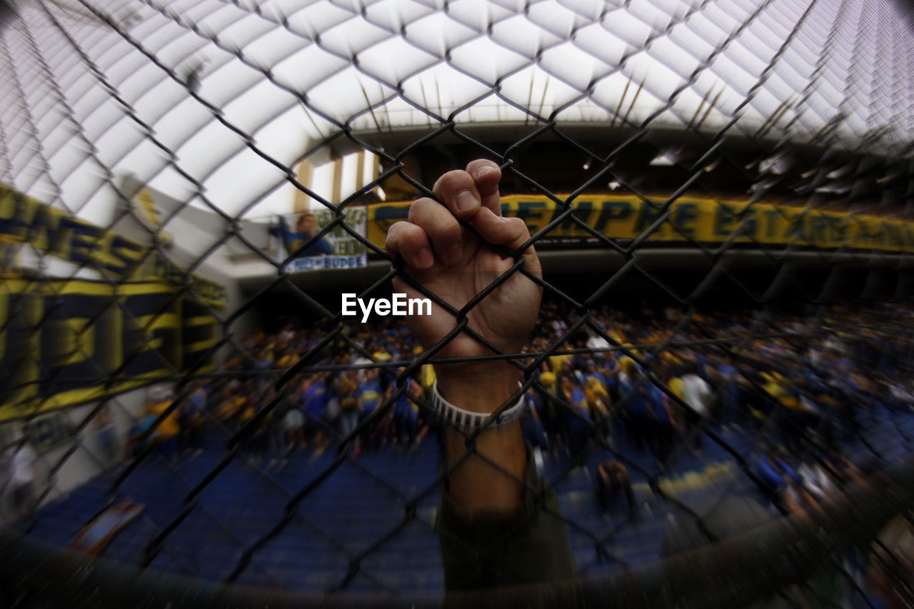 Cropped hand of man holding chainlink fence