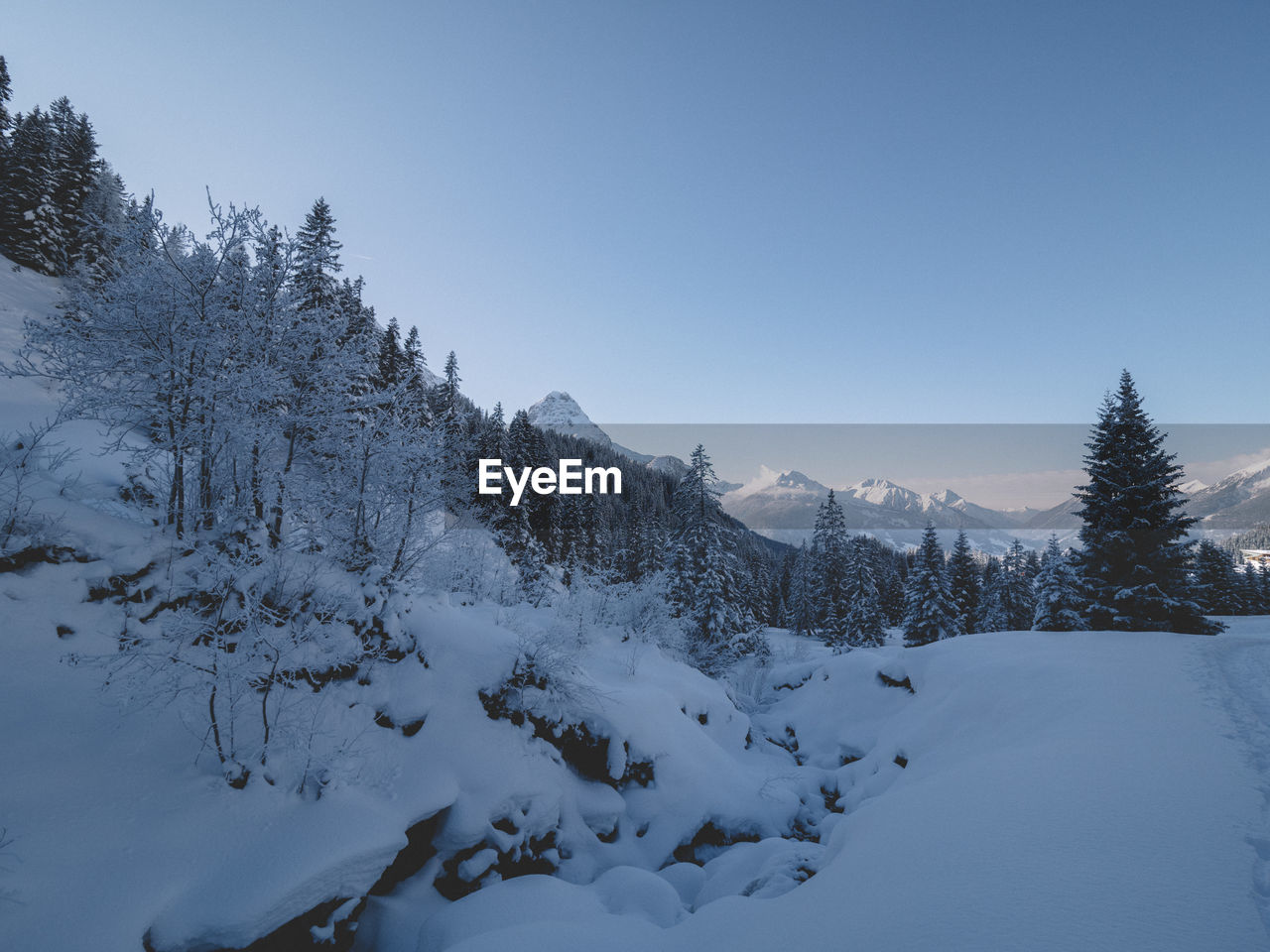 Scenic view of snow covered mountain against clear sky