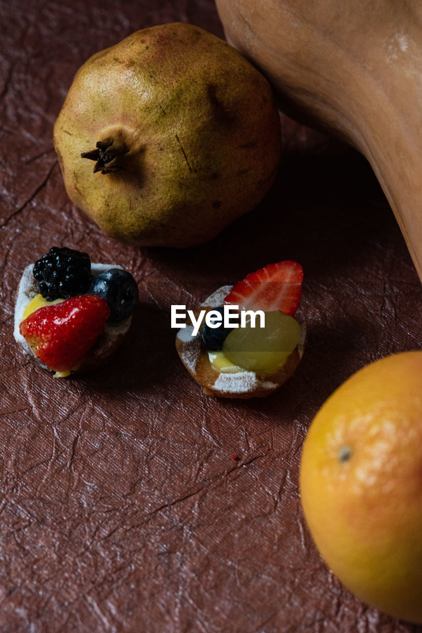 High angle view of fruit dessert on table