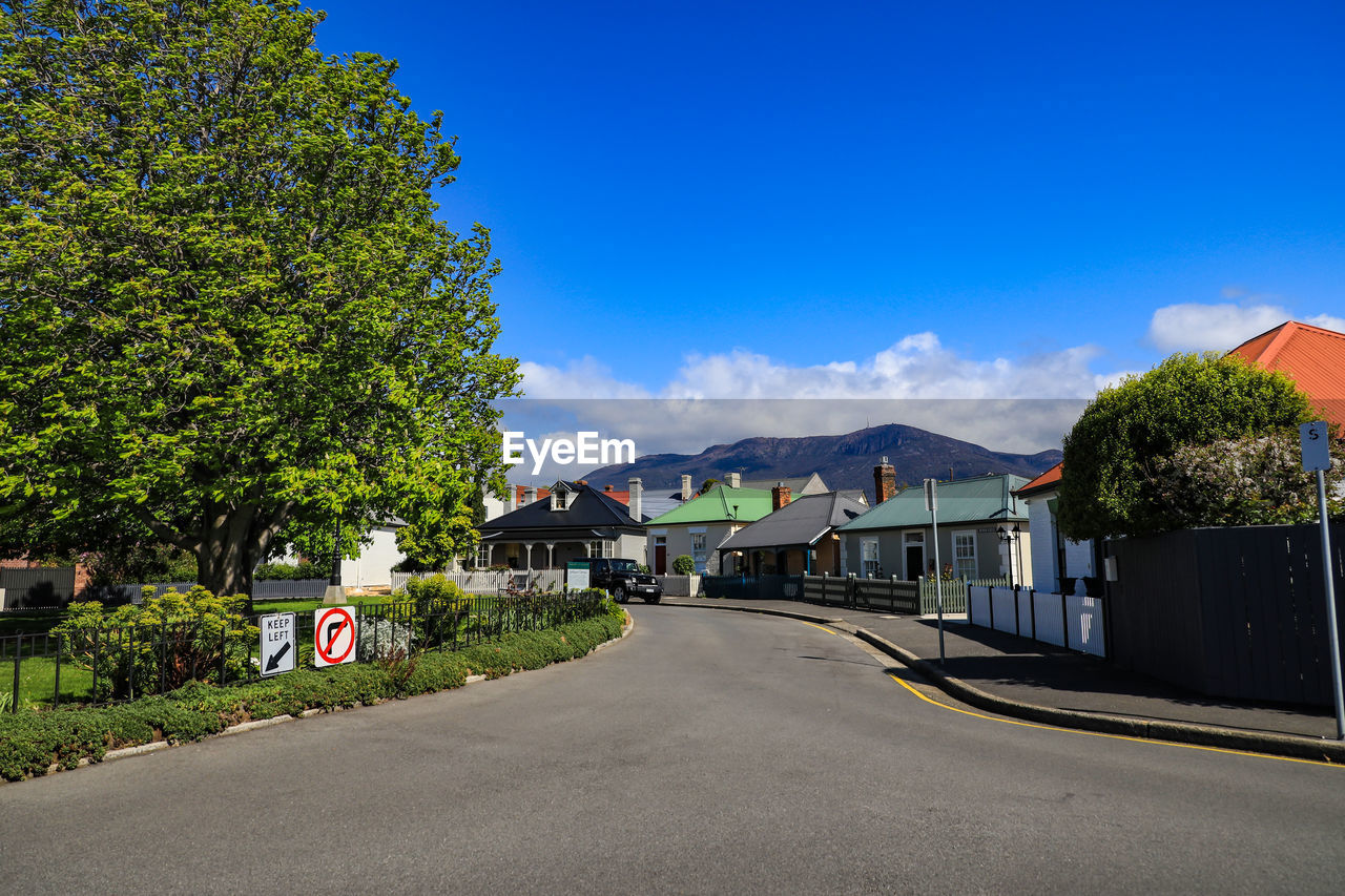 Road amidst trees and buildings against blue sky