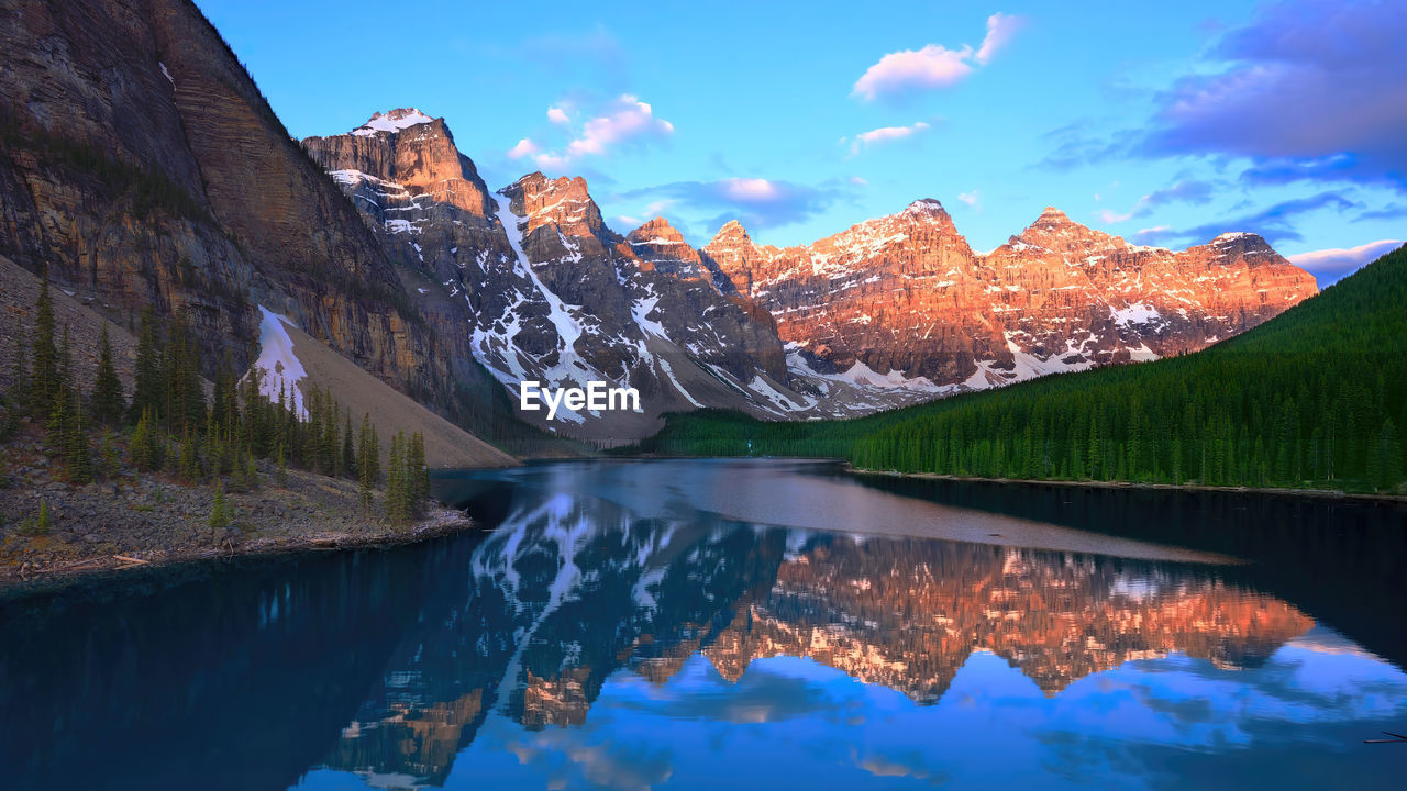 Scenic view of lake and mountains against sky,policeman's creek in canmore, alberta