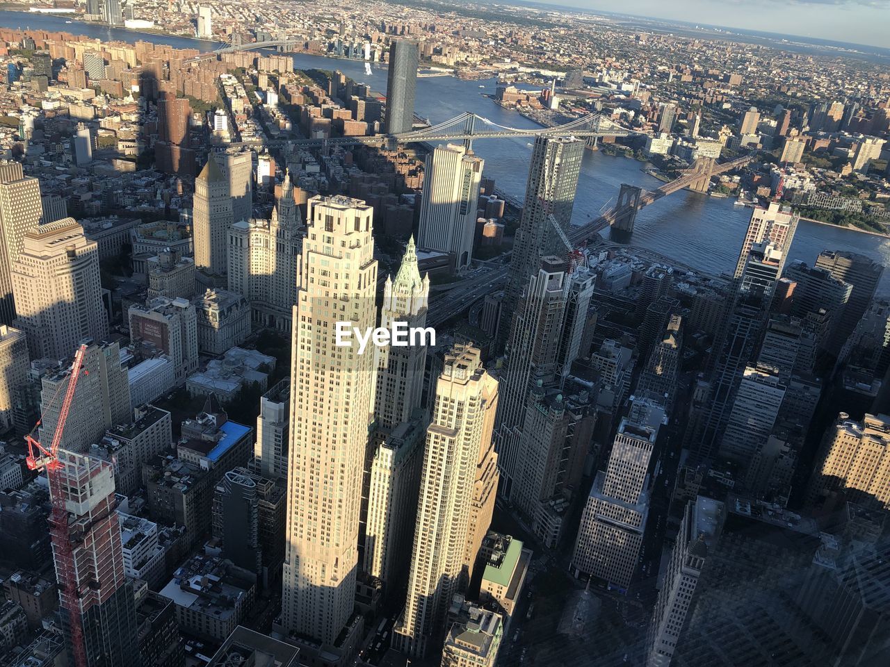 High angle view of modern buildings in city