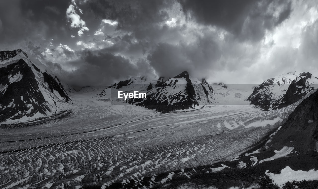 Panoramic view of snowcapped mountains against sky