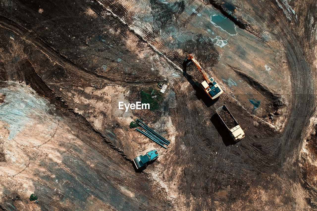 High angle view of vehicles on construction site