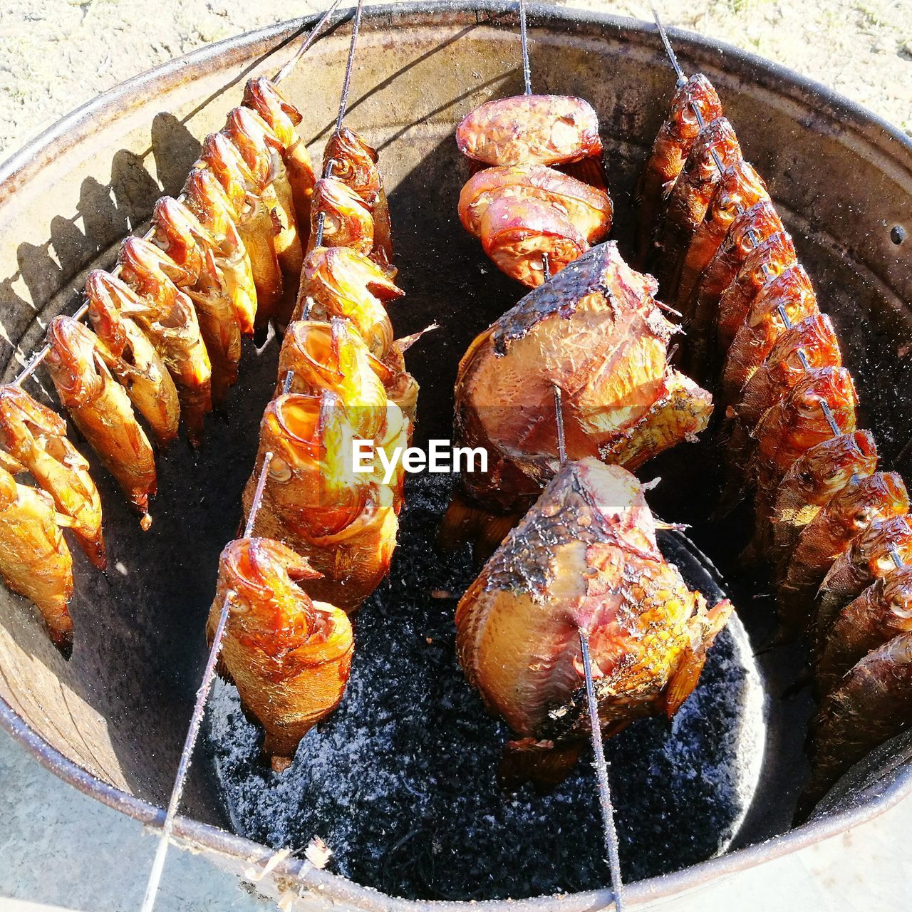 Close-up of seafood on skewers