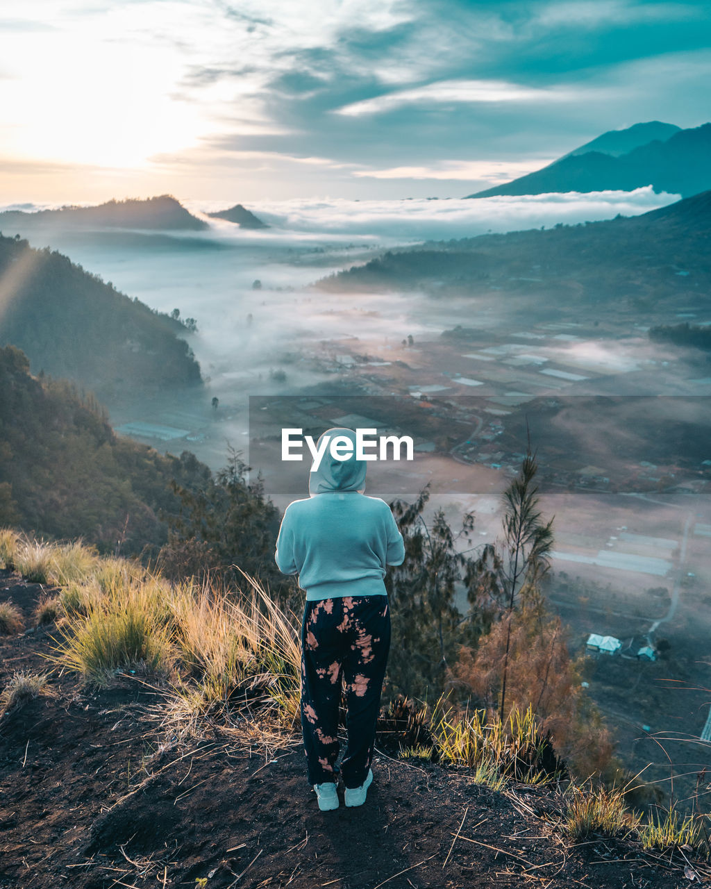 Rear view of man standing on mountain