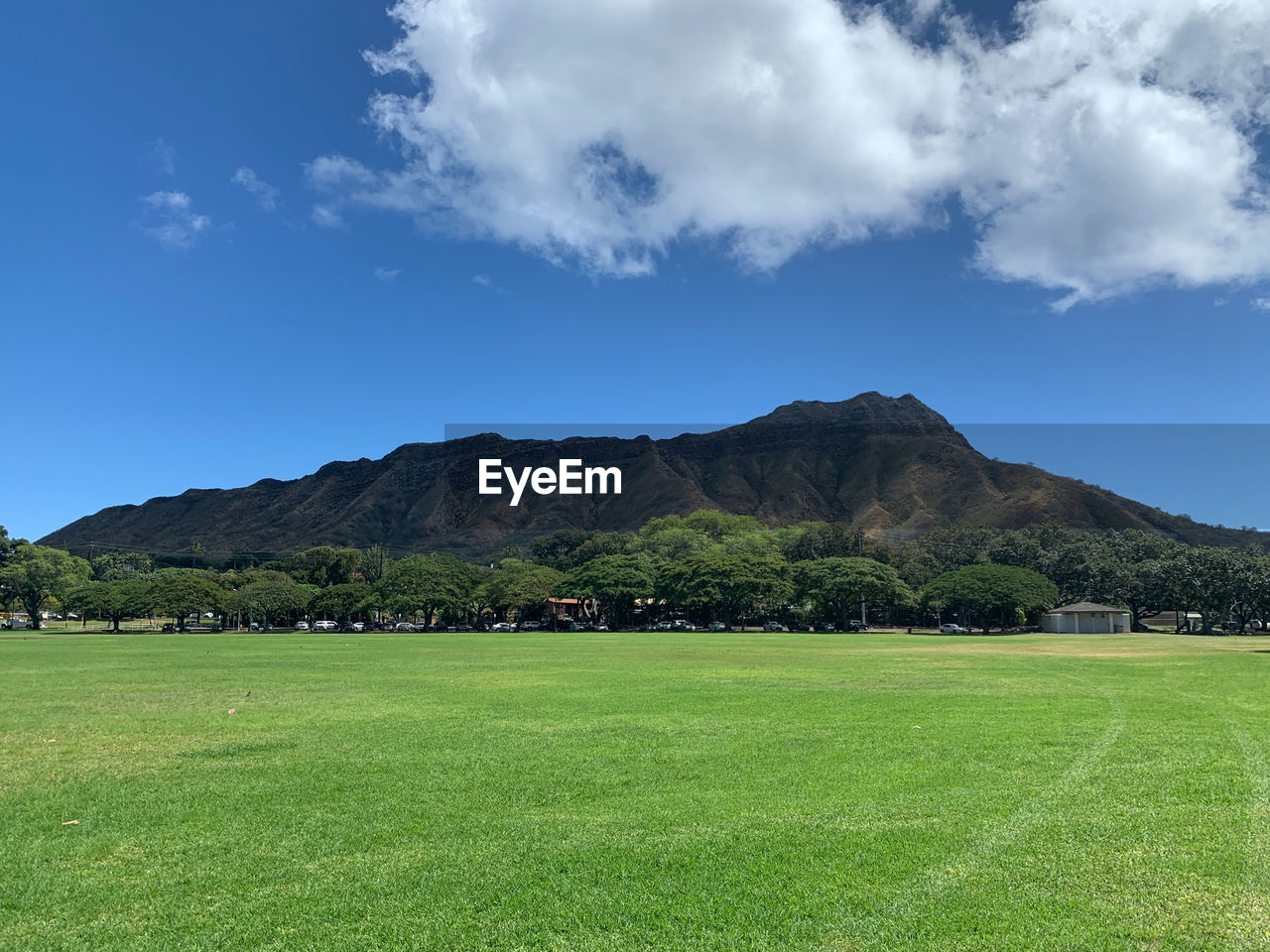 Scenic view of field against sky and mountain 