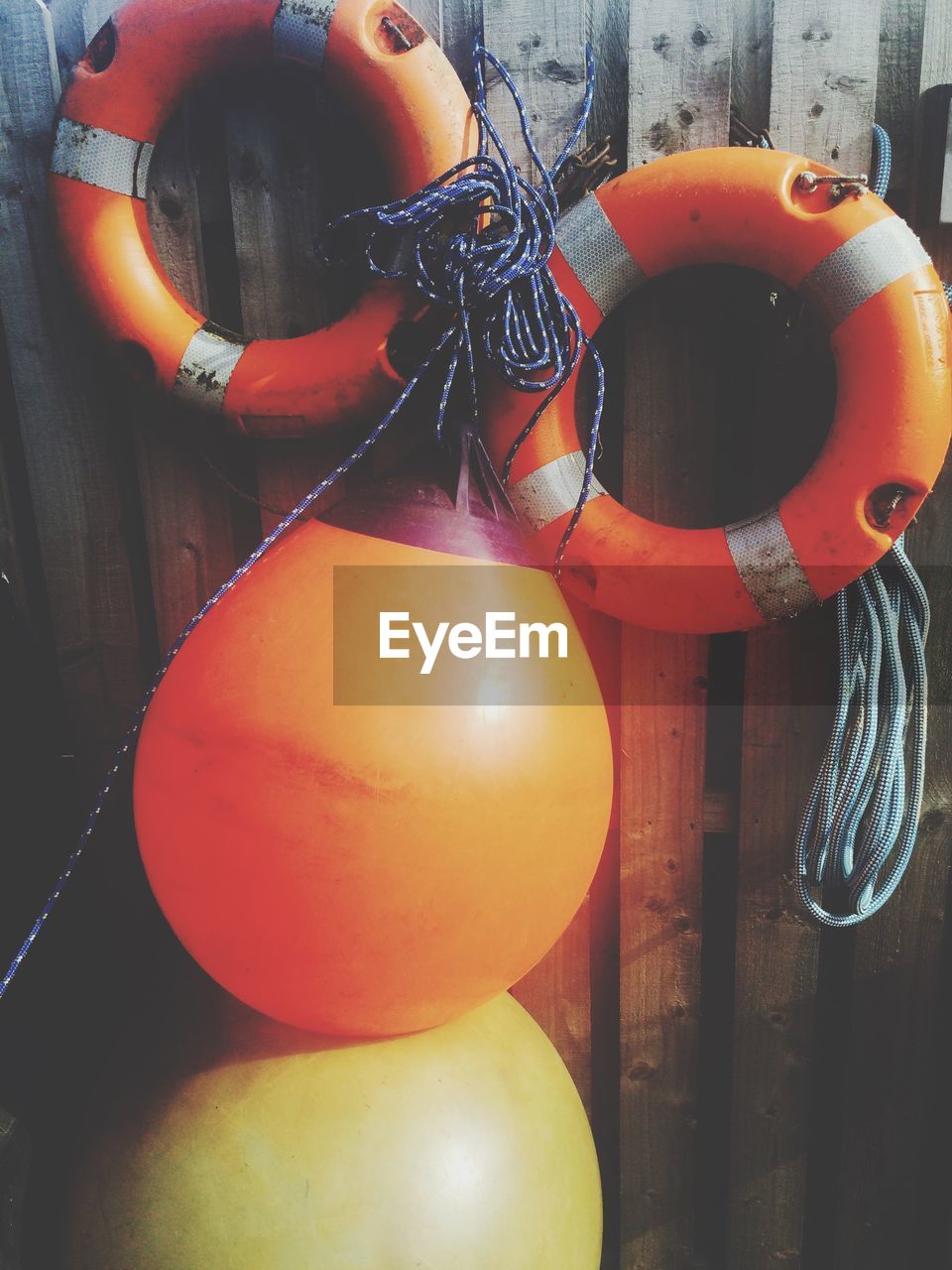 High angle view of buoys on floorboard