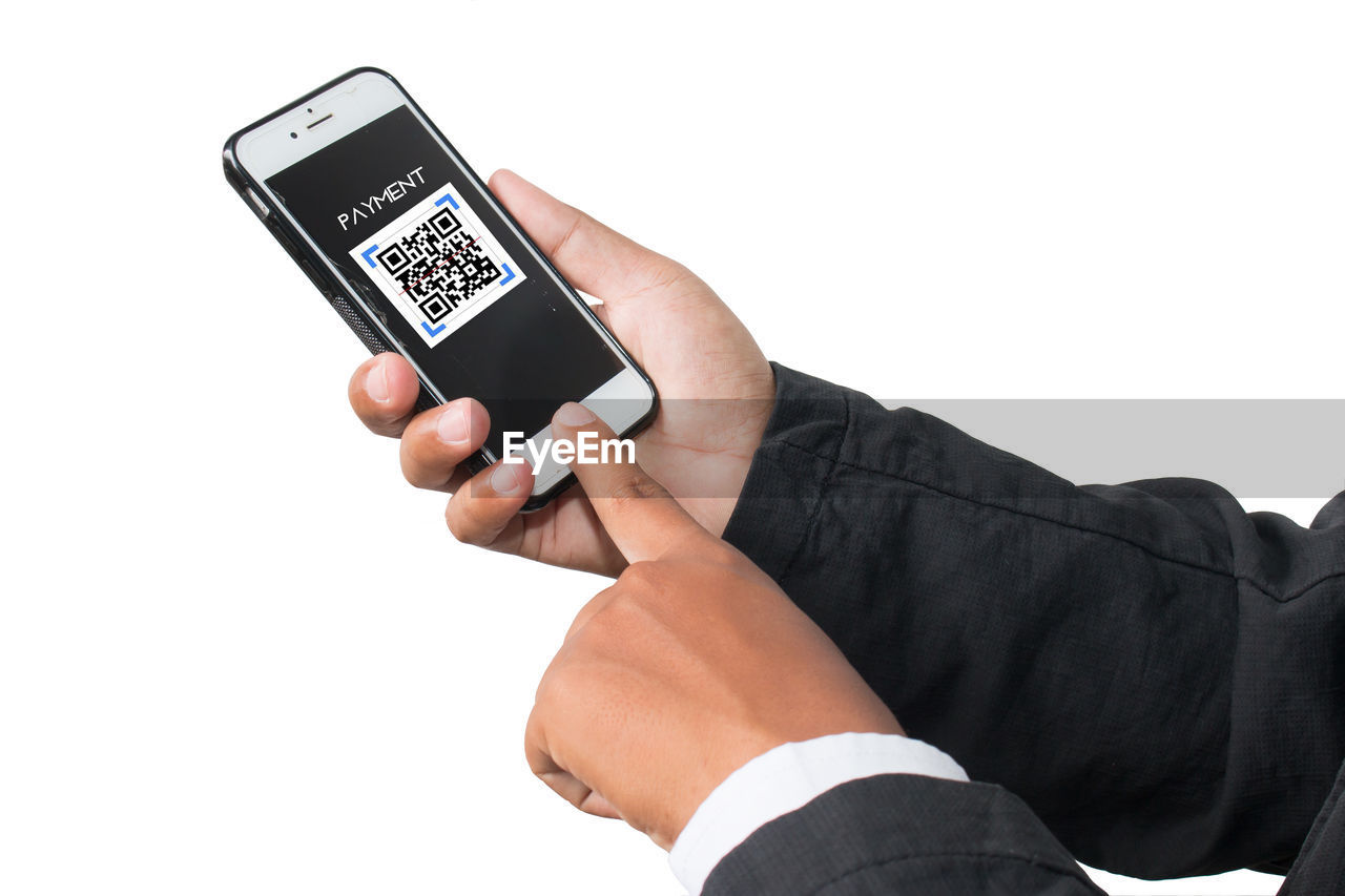 arm, technology, wireless technology, communication, finger, hand, adult, one person, mobile phone, smartphone, portable information device, business, white background, cut out, telephone, business finance and industry, holding, indoors, men, watch, screen, internet, studio shot, businessman, mobile app, digital display