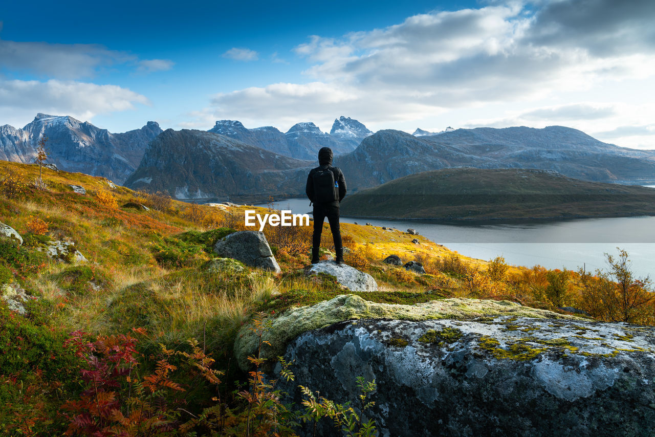 Rear view of man standing on mountain