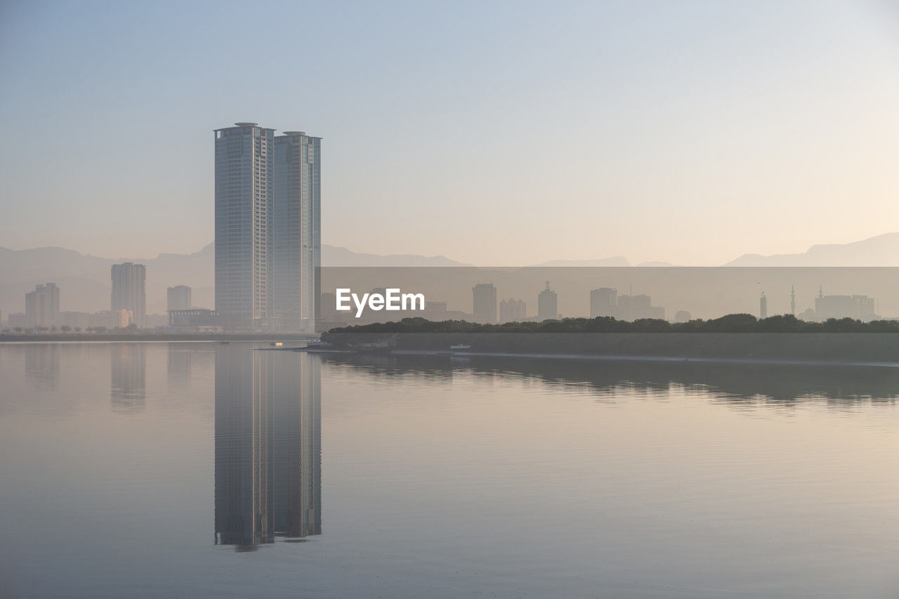 Foggy morning on corniche in ras al khaimah, uae