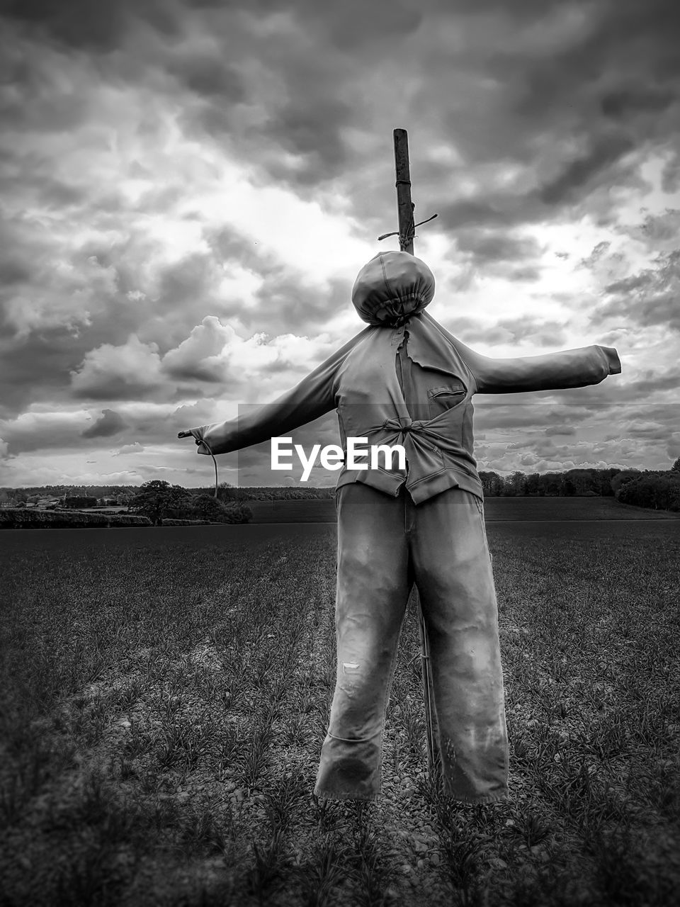 REAR VIEW OF MAN STANDING IN FARM AGAINST SKY