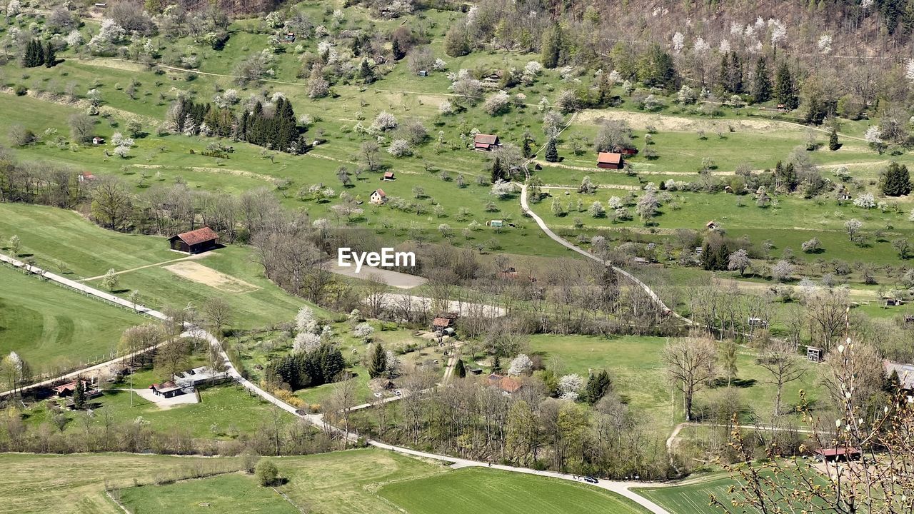 aerial photography, plant, landscape, environment, scenics - nature, green, land, tree, high angle view, beauty in nature, field, bird's-eye view, growth, nature, valley, agriculture, tranquil scene, tranquility, mountain range, day, rural scene, no people, non-urban scene, village, rural area, hill, grass, outdoors, plateau, idyllic, architecture, built structure, aerial view, residential area, house, building, farm