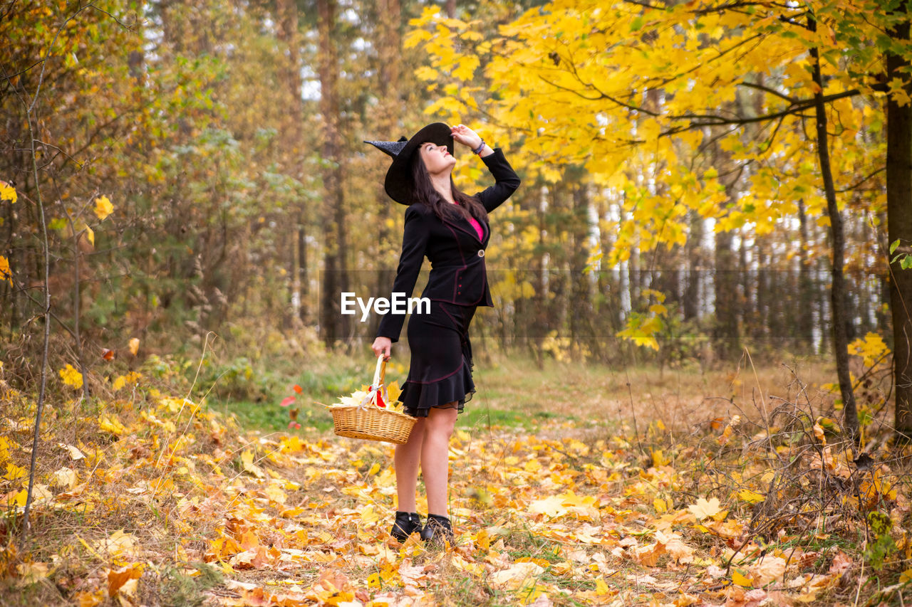 Full length of young woman standing in forest