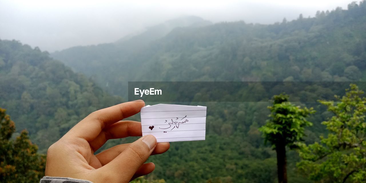 Midsection of person holding paper by tree against mountain