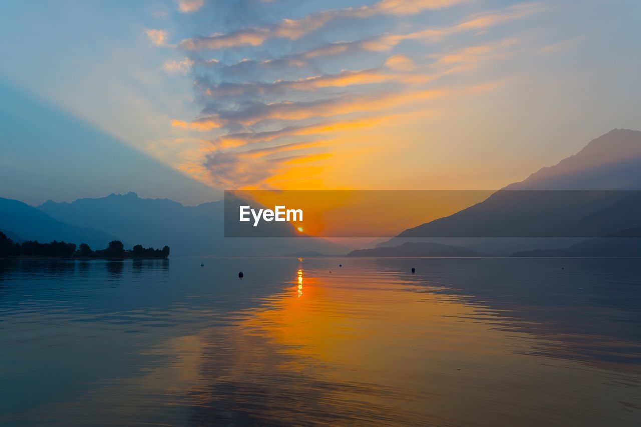 Scenic view of lake against sky during sunset