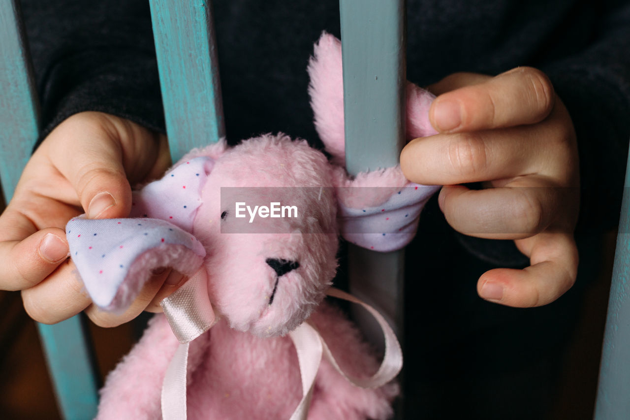 Children's hands are holding a small soft rabbit toy. social advertisement.