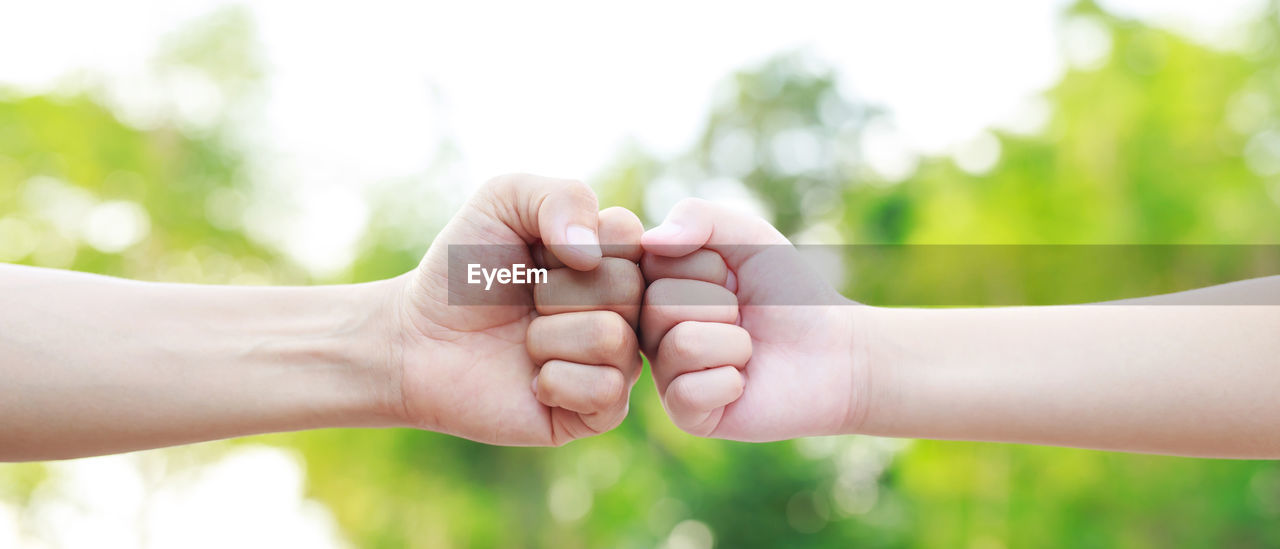 cropped hand of person gesturing against trees