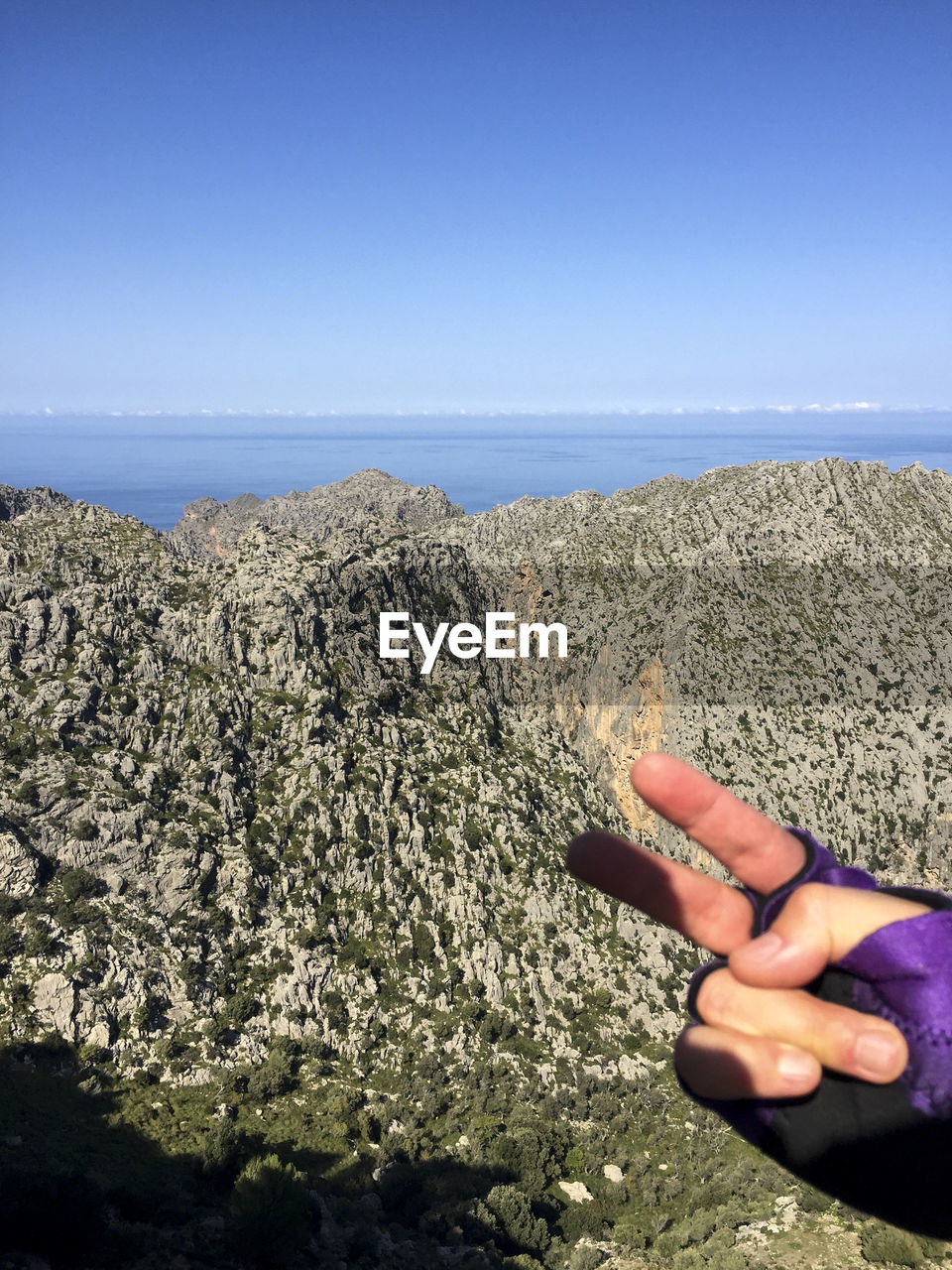 Cropped hand gesturing peace sign against mountains