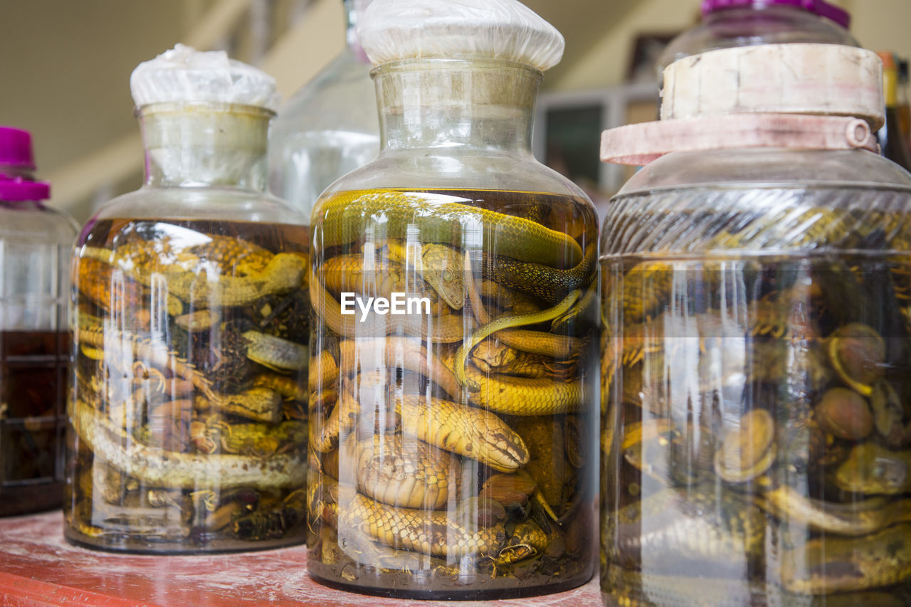 Close-up of dead snakes in glass jars on table