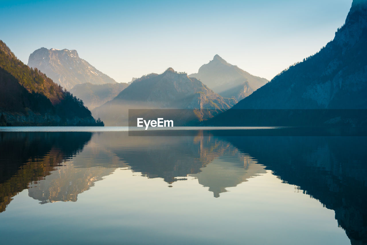 Scenic view of lake and mountains against clear sky