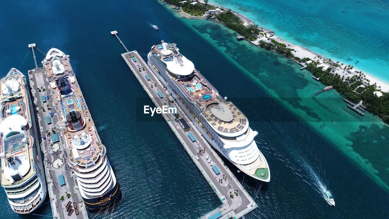 High angle view of ship moored in bay