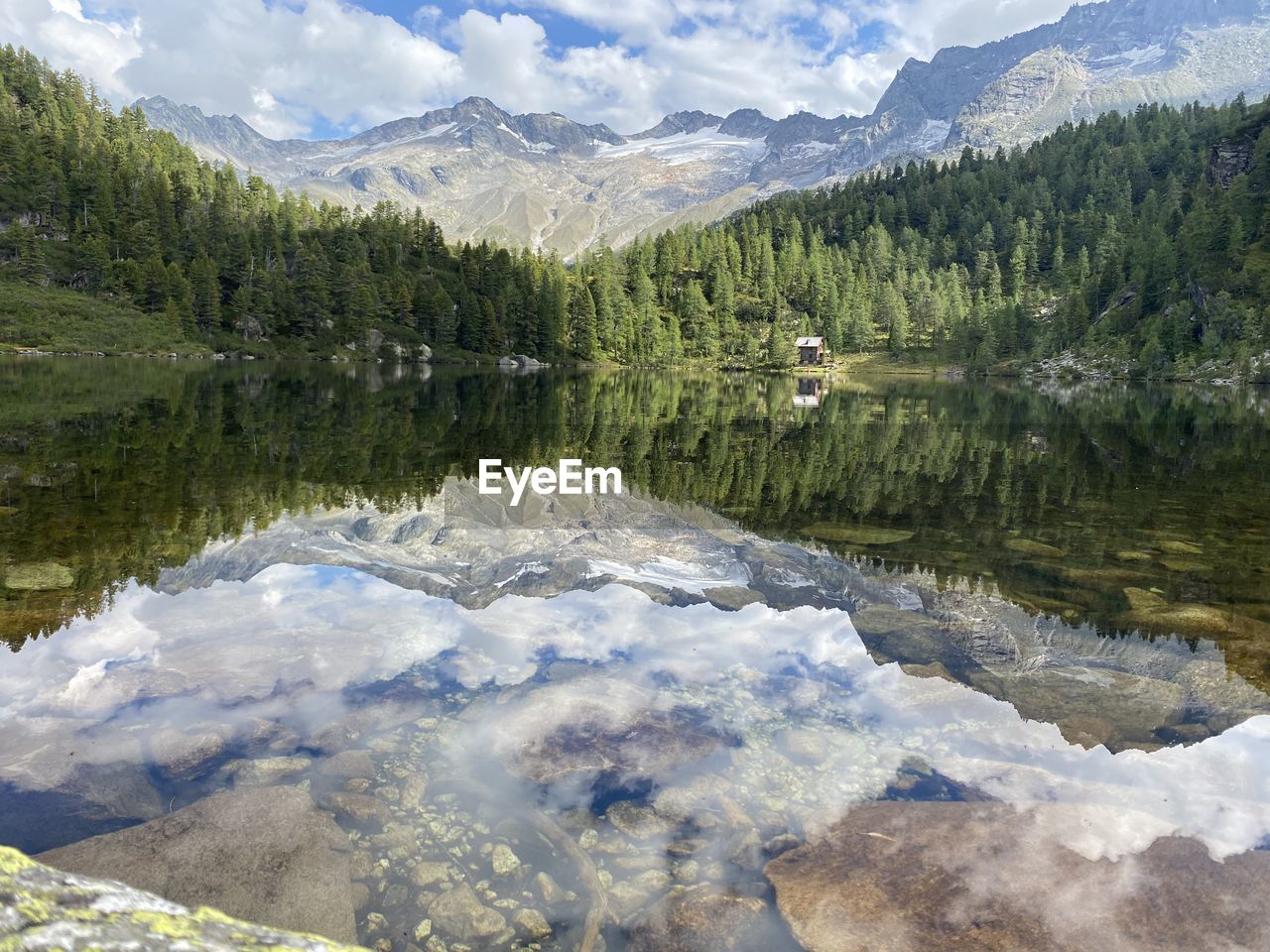 Scenic view of lake and mountains against sky