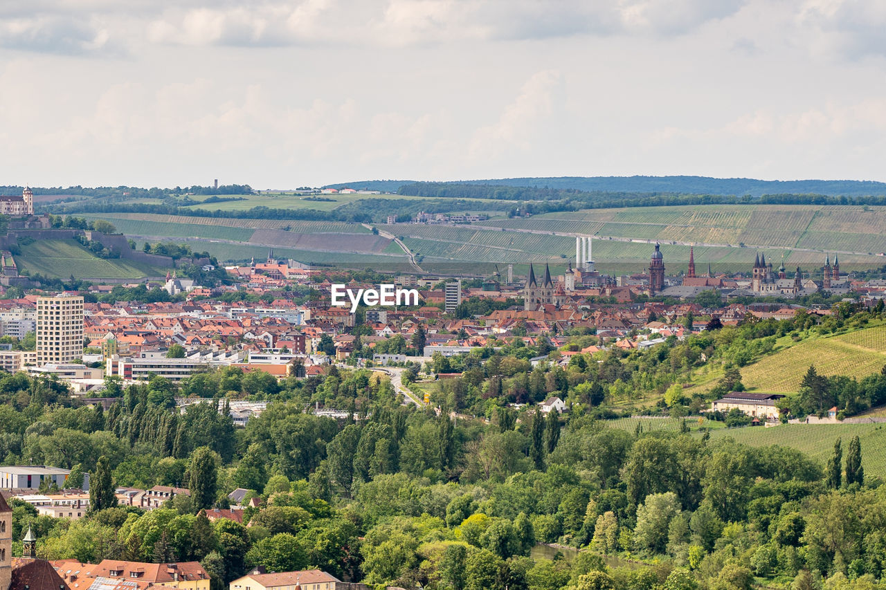 high angle view of townscape against cloudy sky