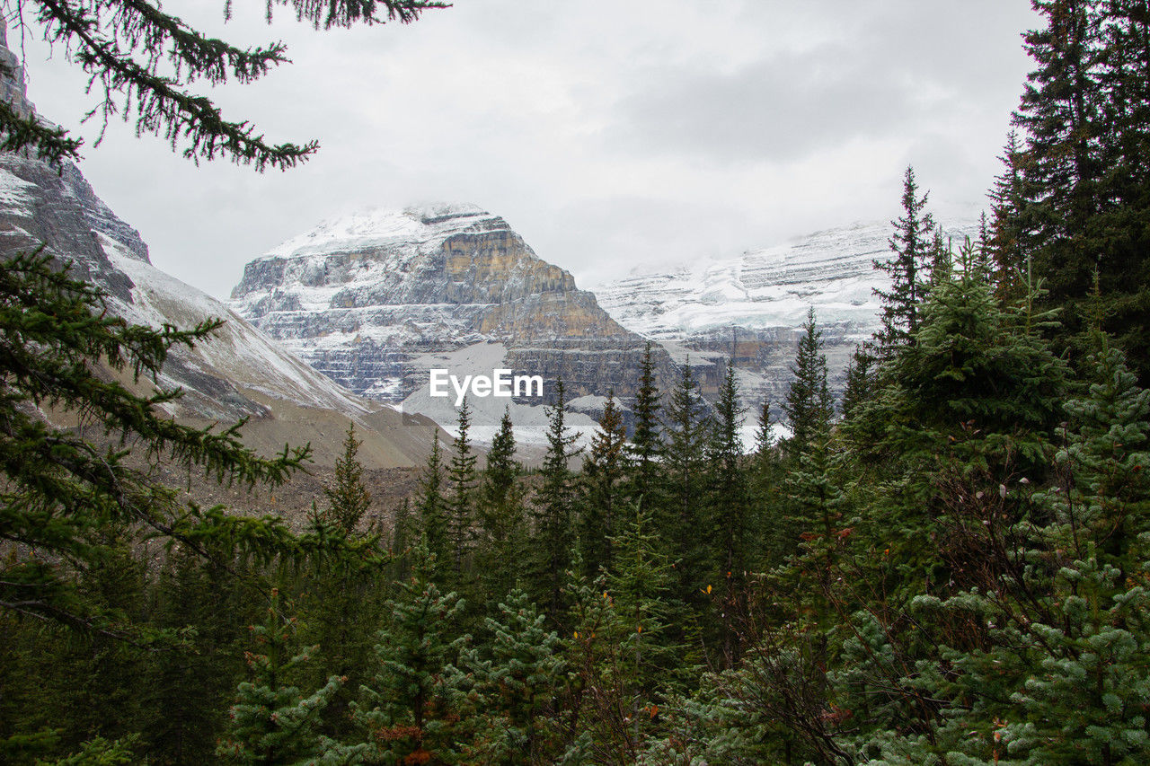 Plain of six glaciers sunrise. sunlight hitting the mountain tops at dawn on a cloudy day, 
