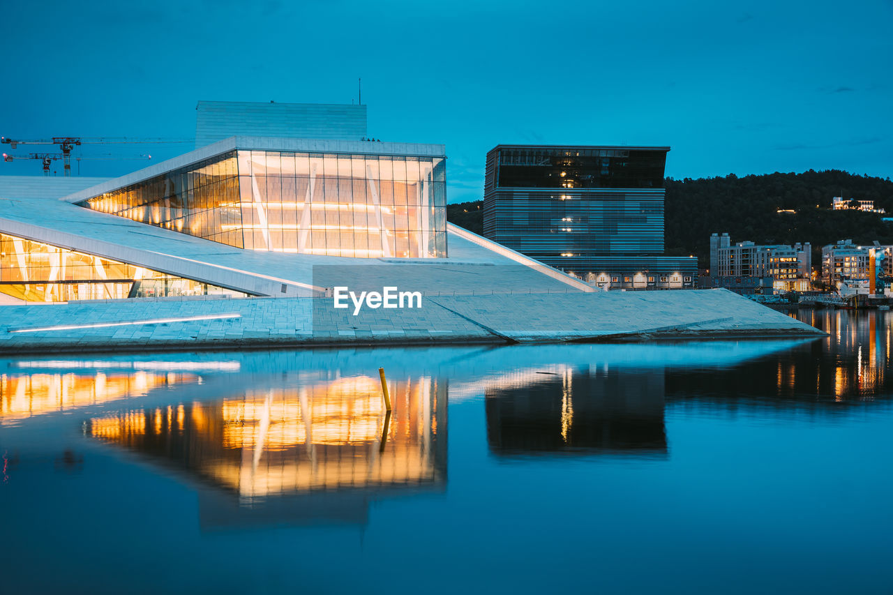 reflection of illuminated buildings in water