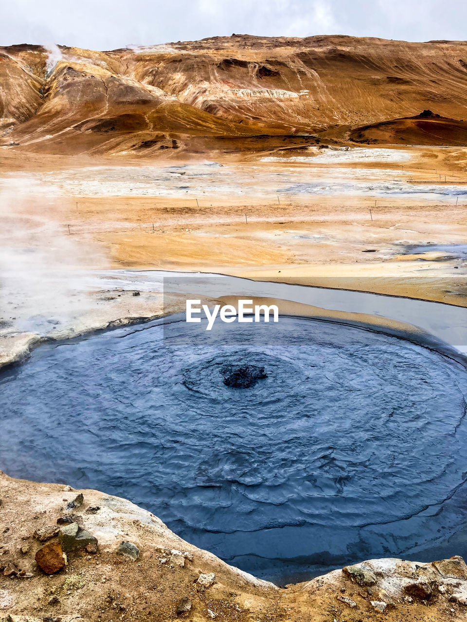 Hot spring surrounded with rocks and sand in iceland