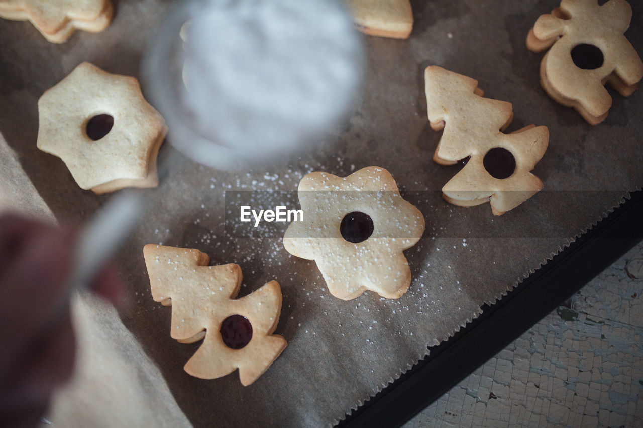 High angle view of baking sheet with cookies