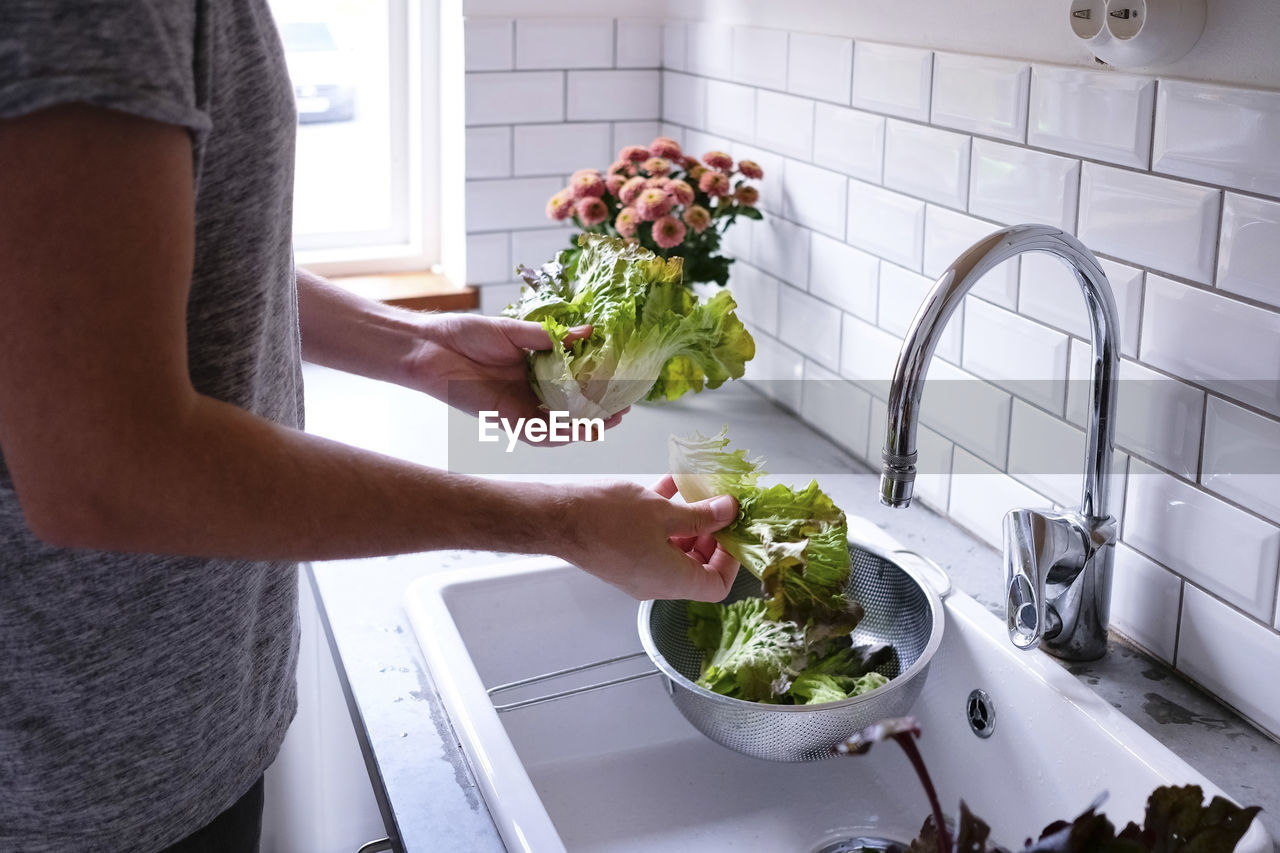 Midsection of man washing lettuce at sink in kitchen