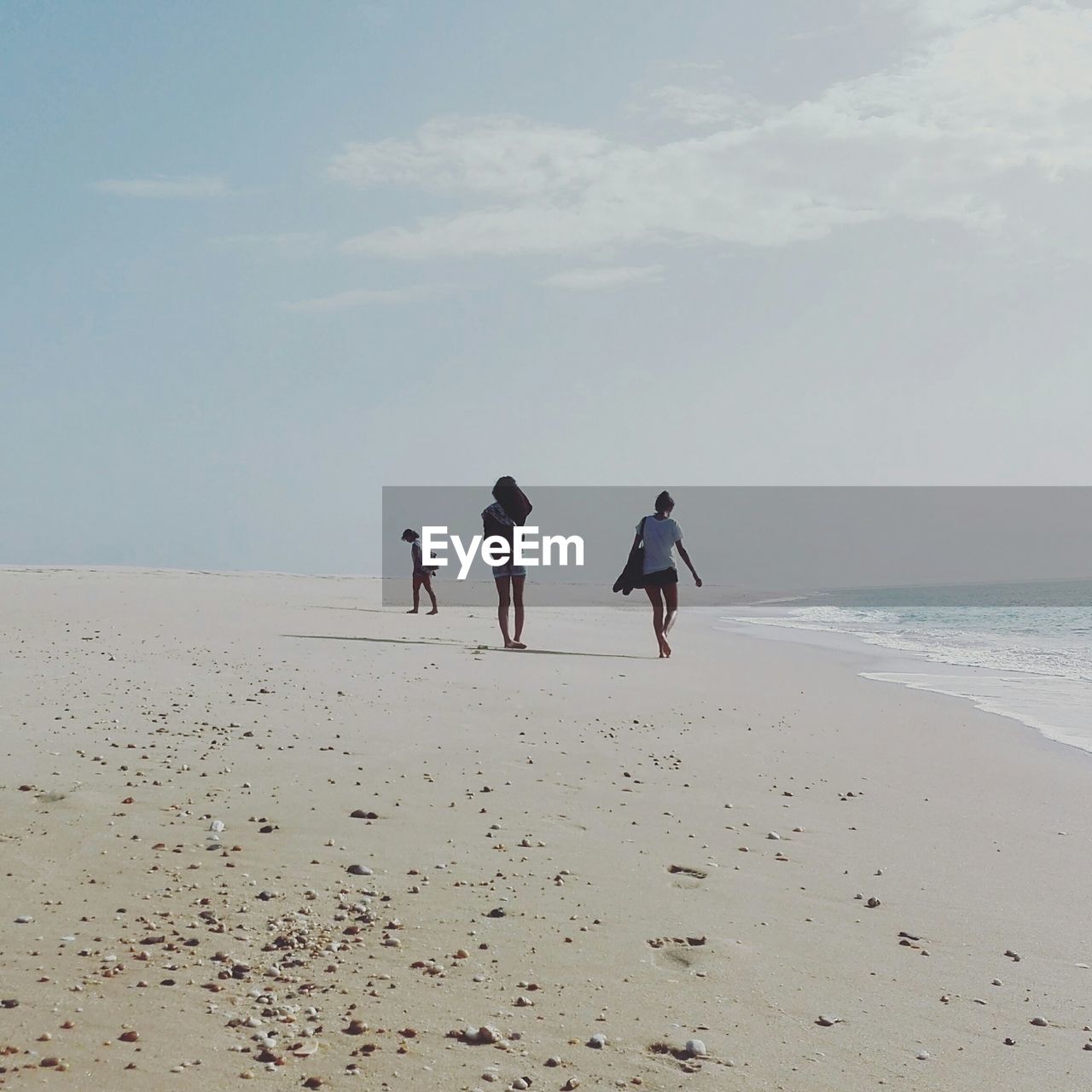 Friends walking at beach against sky