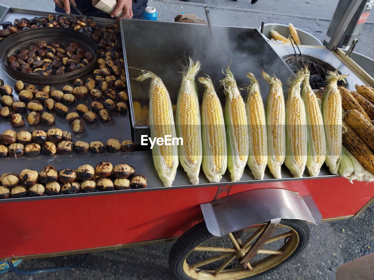 High angle view of food on barbecue grill corn and oak by the coast of istanbul