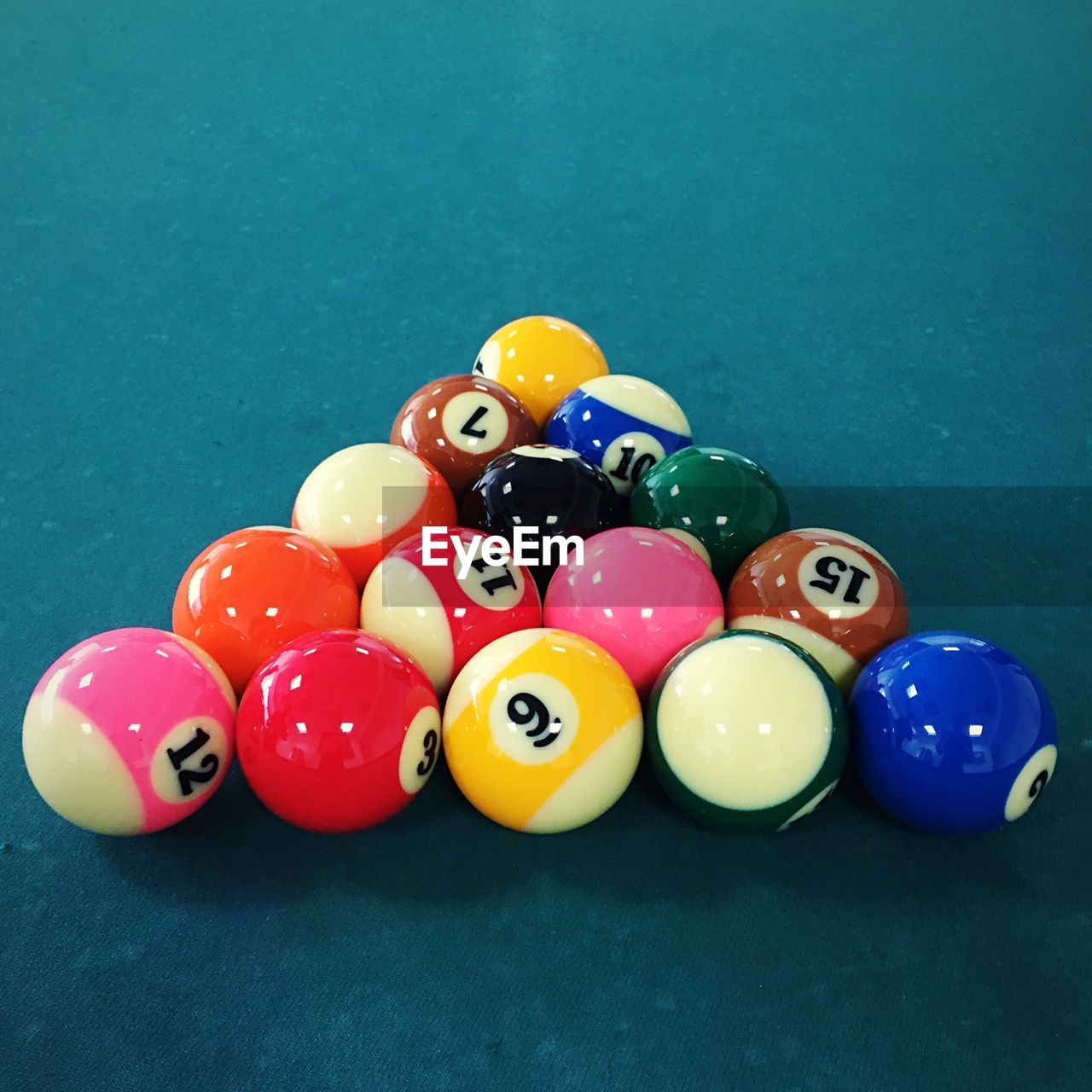 High angle view of snooker balls on table