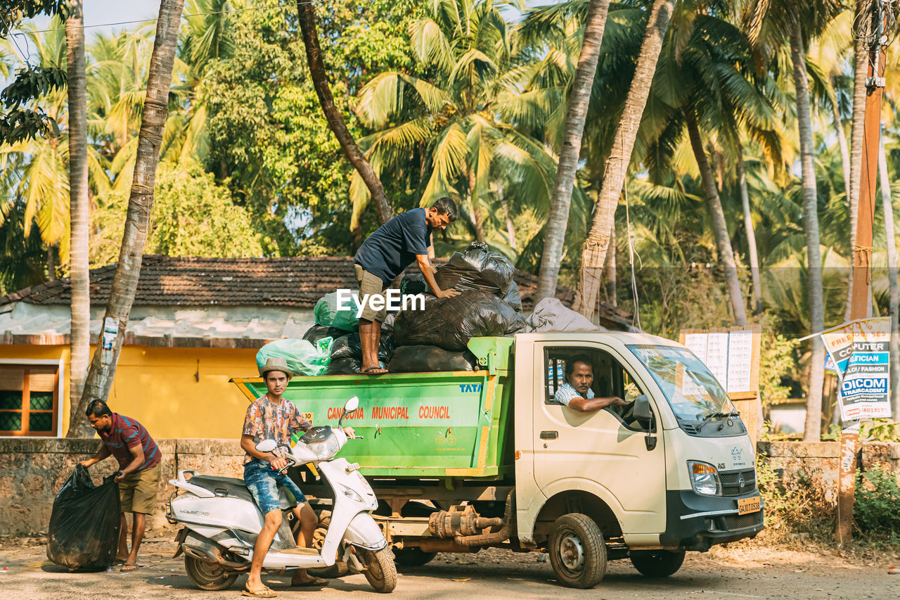 transportation, mode of transportation, tree, plant, palm tree, men, tropical climate, nature, rickshaw, land vehicle, adult, travel, city, vehicle, day, street, occupation, motor vehicle, jinrikisha, outdoors, group of people, road, car, sitting, full length, architecture, person, working