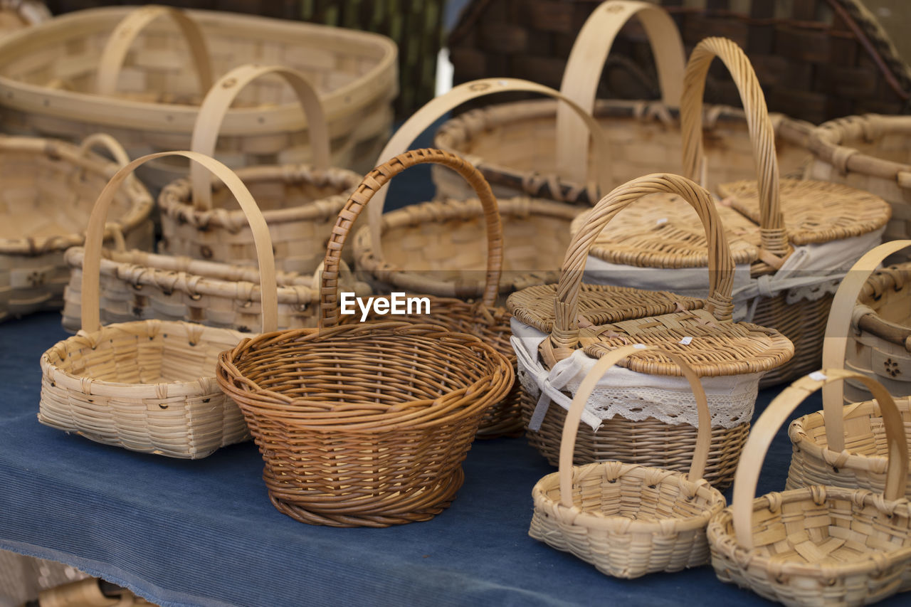 Close-up of baskets for sale at market