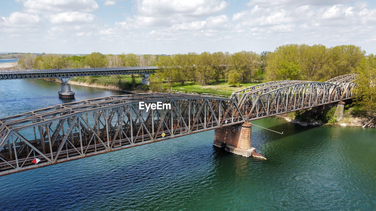 Aerial view of metal railway bridge