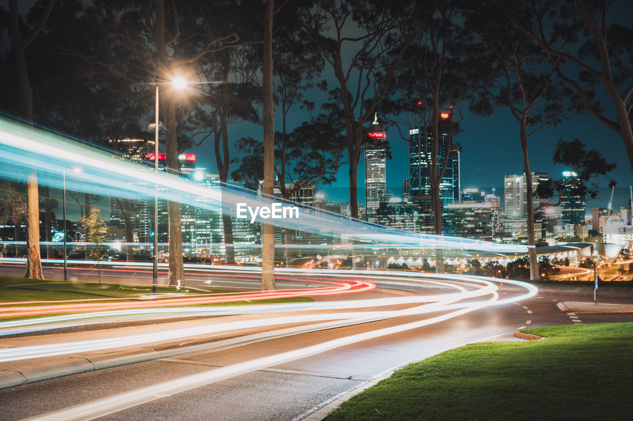 Light trails on road at night