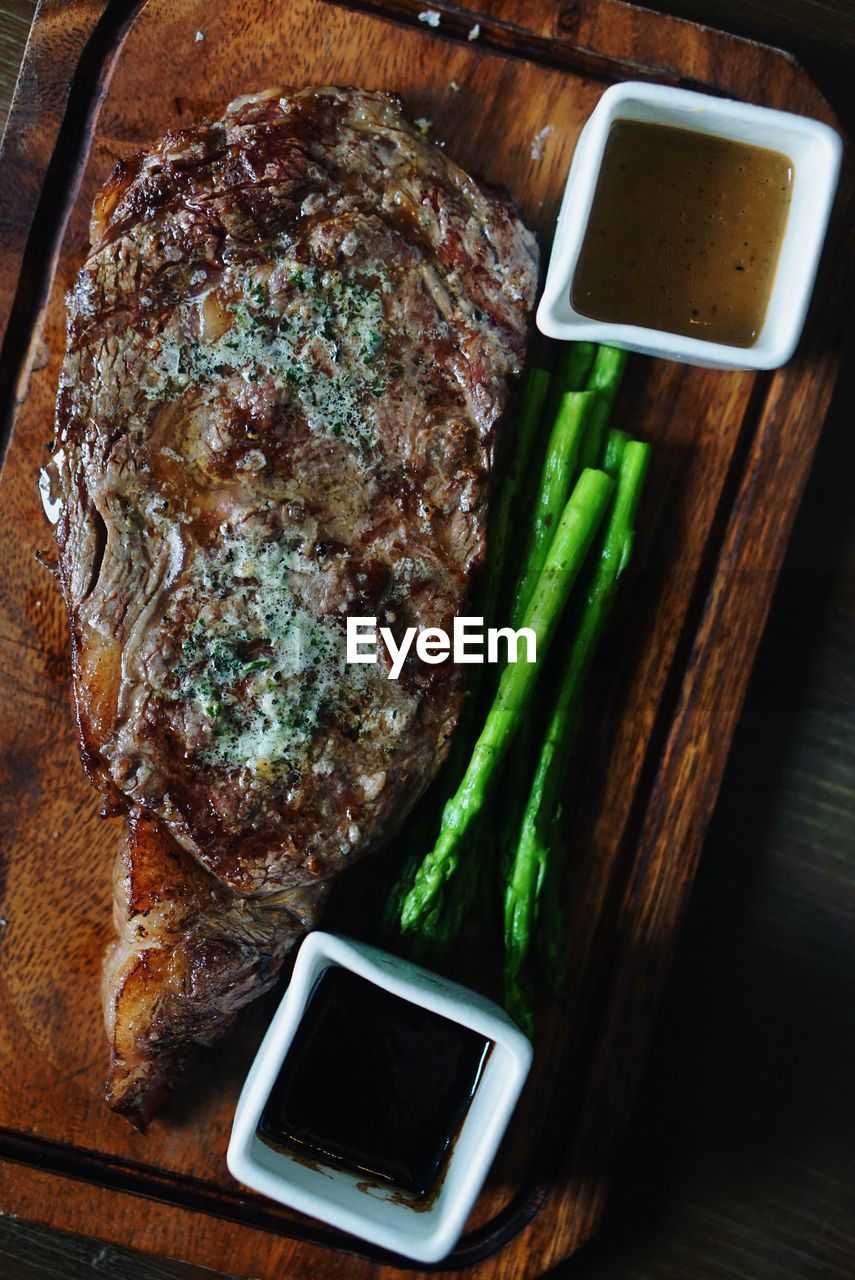 Close-up of food served on cutting board