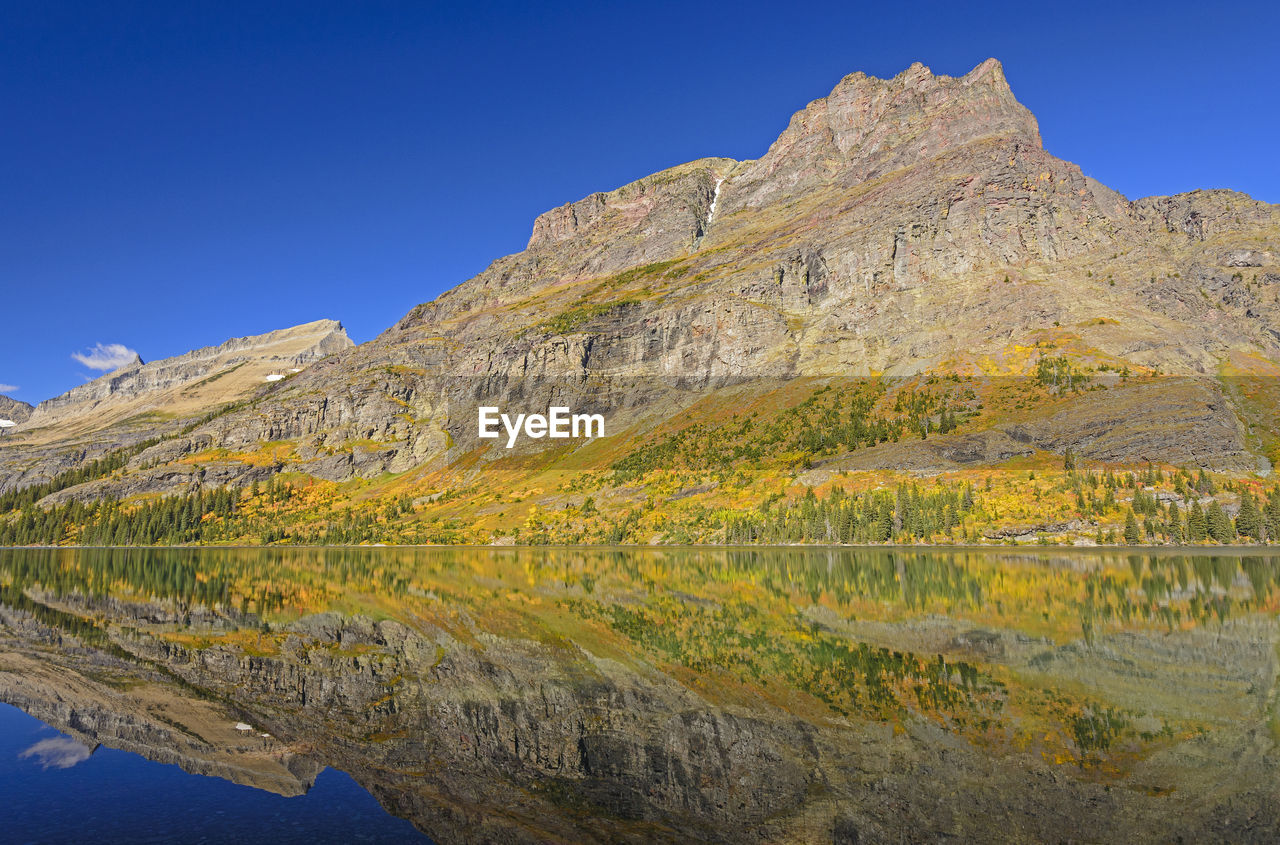 Dramatic reflections in the mountains in fall on josephine lake in glacier national park in montana