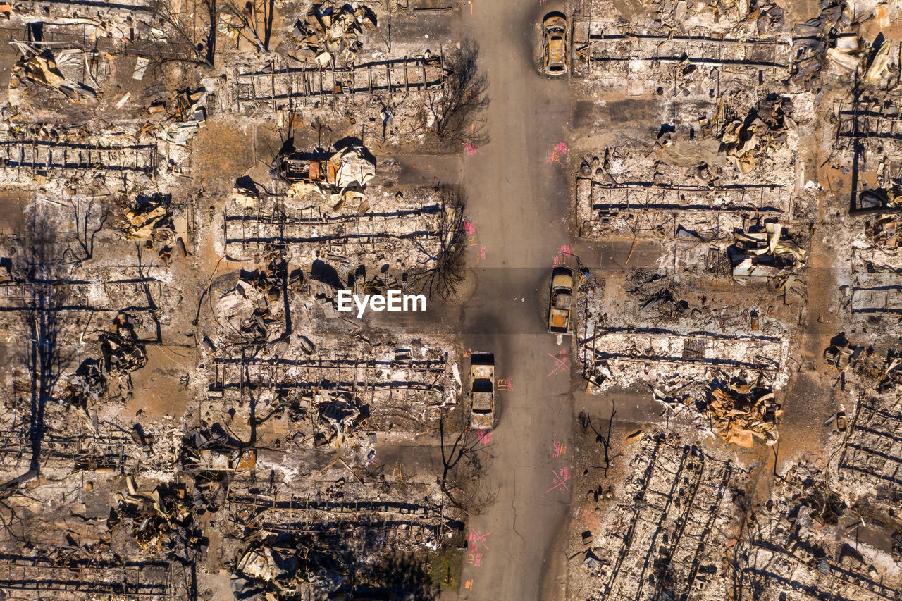 Top down view of burned mobile home park in oregon from 2020 wildfires